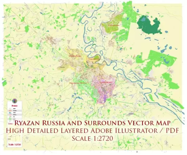 Ryazan Russia Map Vector (Max Area) High Detailed editable Adobe Illustrator in layers, + Housenumbers