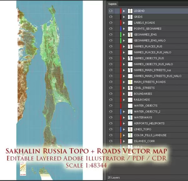 Sakhalin Island Russia Vector Map (Roads, Relief, Water) Editable Layered PDF, CDR and Adobe Illustrator